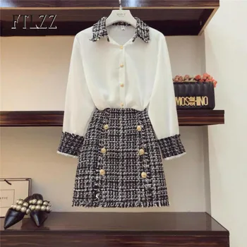 

Fashion Casual White 2 Pcs Sets 2019 Autumn New Women Chiffon Long Sleeves Single Breasted Top+coarse Woollen Cloth Skirt Outfit