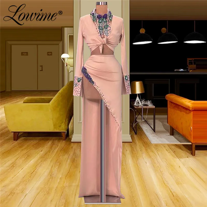 

Lowime Pink Cut-out Design Middle East Women Evening Dresses Arabic Dubai Kaftan Long Mermaid Beaded Party Dress Prom Dresses