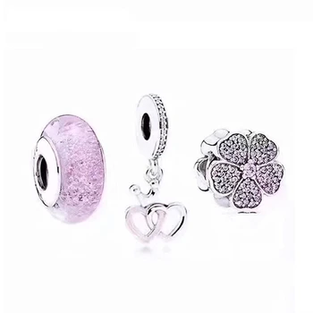 

100% 925 Sterling Silver Pink Love Daisy Charm Glazed Glass Beads Heart-shaped Charm Gift