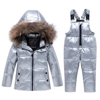 

Children's winter fashion down jacket suit Boys' silver thick down jacket + warm winter pants Girls' fur collar waterproof coat