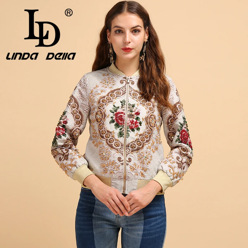LD Linda della мода взлетно-посадочной полосы осенняя куртка Для женщин Кристальное платье для торжественных праздников для девочек с длинным рукавом, Бисер жаккардовый элегантный Винтаж женские пальто, верхняя одежда