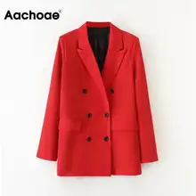 Элегантные женские двубортные офисные блейзеры с вырезами на шее и карманами, красное пальто с длинным рукавом, однотонная женская куртка, Женская куртка
