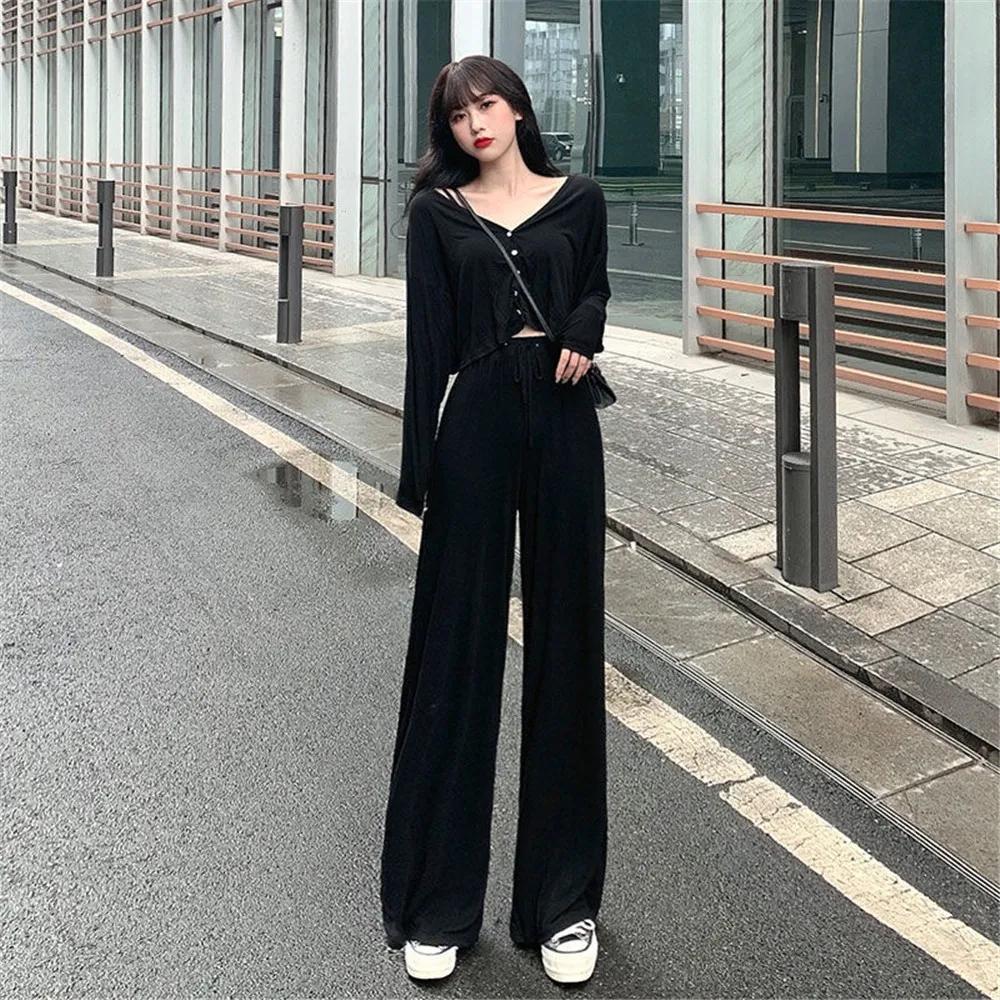 Women 3pcs Sets Cropped Single-Breasted Cardigan Elastic HIgh Waist Drawstring Soft Breathable Wide Leg Pants Casual Female Suit two piece skirt set
