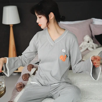

High Quality 100% Cotton V-neck Pajama Sets For Women 2020 Autumn Winter Long Sleeve Pyjama Female Homewear Lounge Home Clothing
