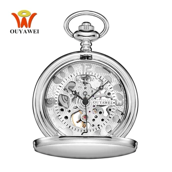 

Vintage Men Pocket Watch Self winding Mechanical Fob Watch Fashion White skeleton pendant man necklace chain clock weeding Gift