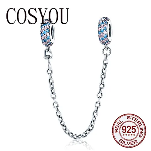

COSYOU 2019 Real 100% 925 Sterling Silver Pink and Blue CZ Round Safety Chain Charm Fit Charm Bracelet DIY Jewelry Making SCC379