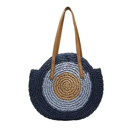 blue Круглые соломенные сумки, женская летняя сумка из ротанга, ручная работа, тканая пляжная сумка через плечо, соломенная тканая богемная сумка, сумка для покупок - Цвет: blue