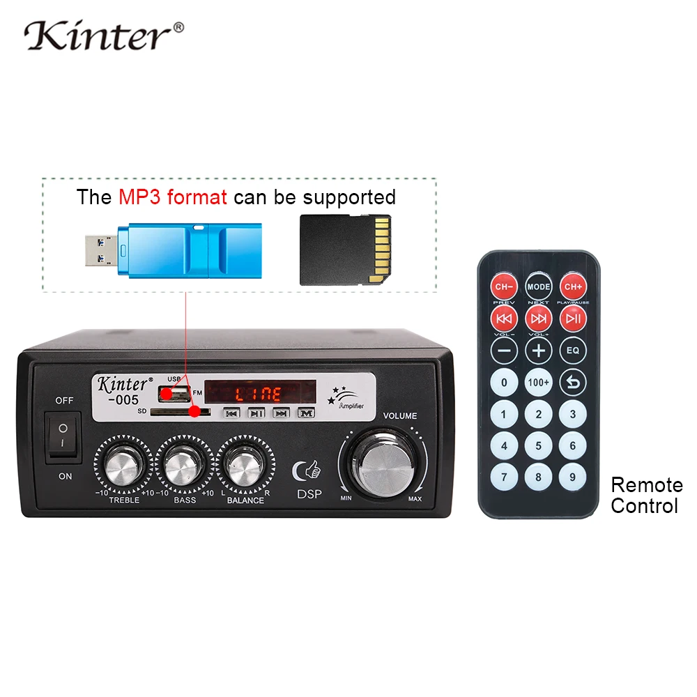 kinter 005 Hifi audio amplifier with radio USB SD MIC input 2.0CH 20W AC 220V DC 12V bass treble adjust offer remote control