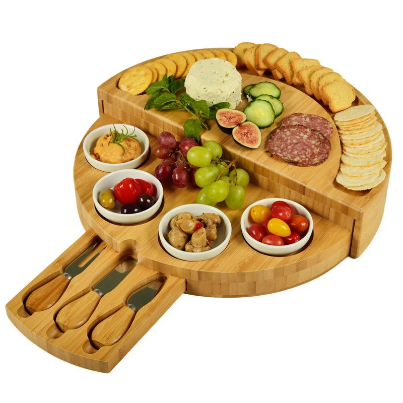 Cheese Board Cutlery Cutter Set with Slide Out Drawer Cooking Tool Slicer Fork Scoops Cut Wooden Cheese Plate Kitchen Tools