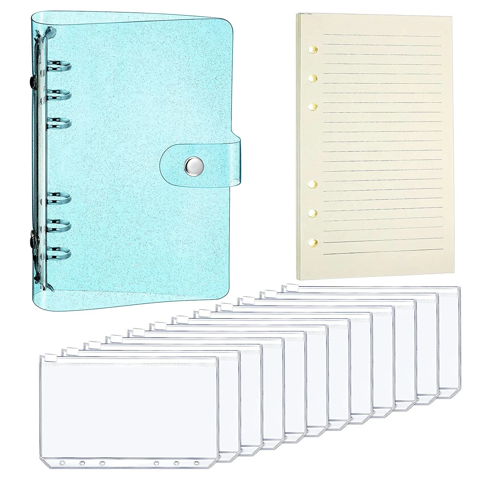 A6 Soft PVC Binder Budget Notebook Planner with Snap Button Closure and 12 Binder Pockets Zipper Folders 1 Pack Refillable Paper
