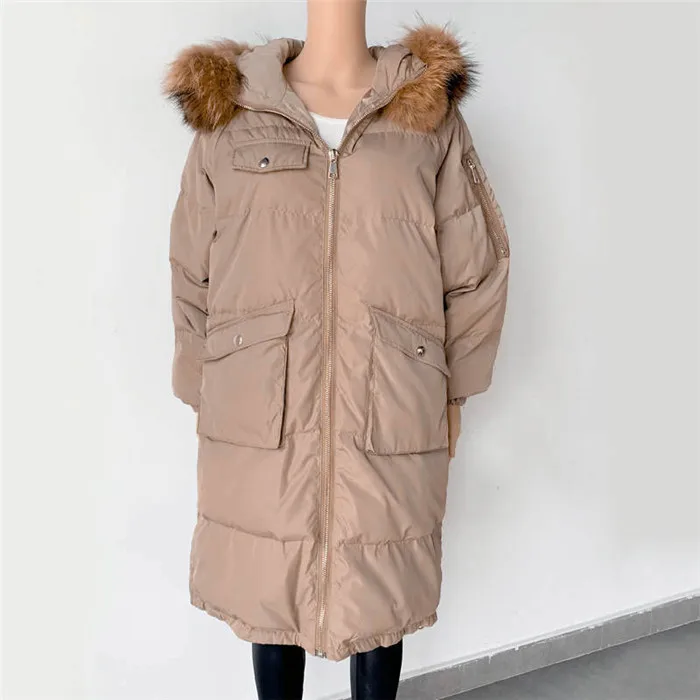 khaki fur collar Pudi XM906 Женское зимнее теплое пальто новая ткань 90% утиный пух меховой капюшон, воротник оверсайз женская модная повседневная Куртка парка - Цвет: khaki fur collar
