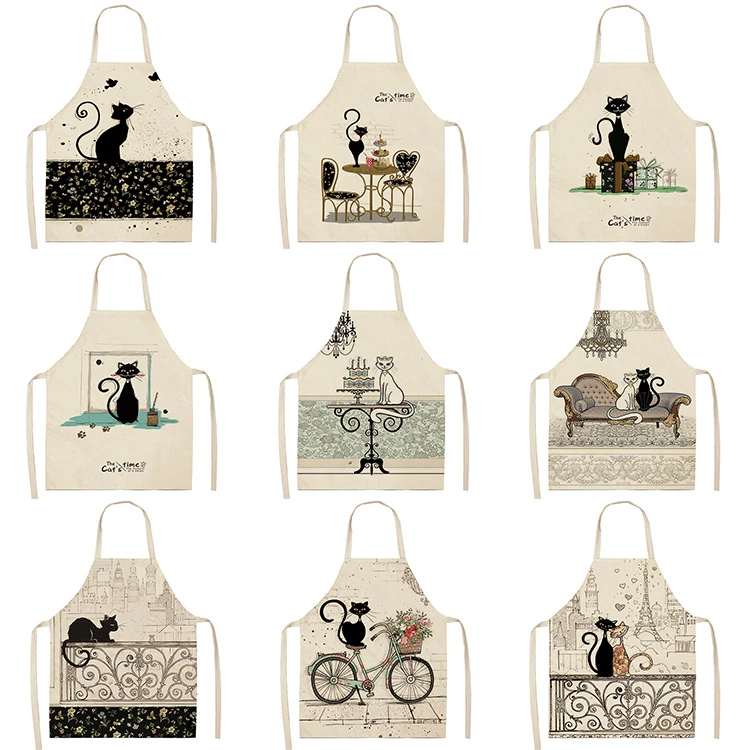 Black White Cat Letter Kitchen Aprons For Women Cotton Linen Bibs Household Cleaning Pinafore Home Cooking Apron 53*65cm WQL0124