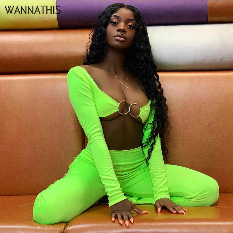 

WannaThis Neon Green Women Crop Top Long Sleeve Metal buckle Fashion Club Sexy V-Neck Super Short Top Skinny T-shirt New Style