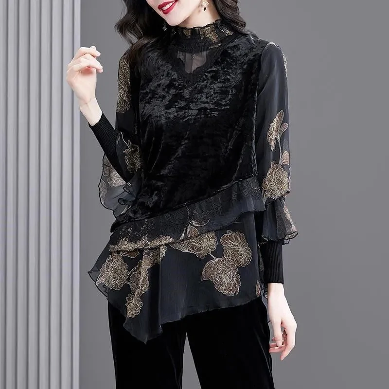 Women Mid-Length High-End Velvet Top 2021 Female New Brand Fashion Lace Stitching Middle-Aged Mother To Wear Autumn Winter A1104