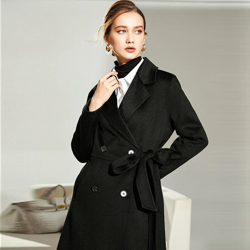 Women's Double-Sided Black Woolen Trench Coat, Cashmere Coat, Water Ripple, Medium Long, Autumn, Winter, New blouses sequined one sided cold shoulder blouse in black size l m s