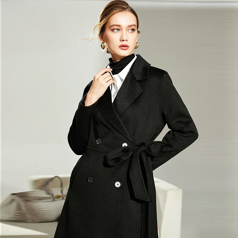 Women's Double-Sided Black Woolen Trench Coat, Cashmere Coat, Water Ripple, Medium Long, Autumn, Winter, New фляга контейнер универсальный для флягодержателя merida 14cm medium 52гр black white 2309004254