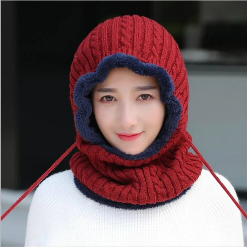 

Winter Cold Protection Ms Cap Korean Version of The Knit Hat Sets Head Wool Caps Outdoor Cycling Ski Plus Velvet Baotou Neck Hat