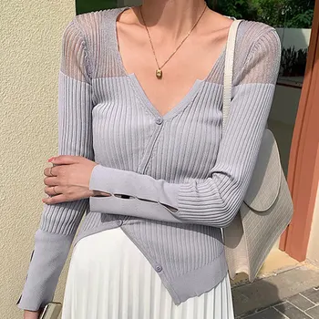 

Women Elegant Blouse Knitted Long Sleeve Shirt 2020 Summer Chic V Neck Asymmetrical Pullover Shirt Transperant Sexy Tee Tops