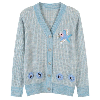

Fashion V-Neck Lurex Cardigan Sweater Women Single Breasted Cartoon Embroidery Coat Knit Sequins Beading Top Pull Femme Sweet