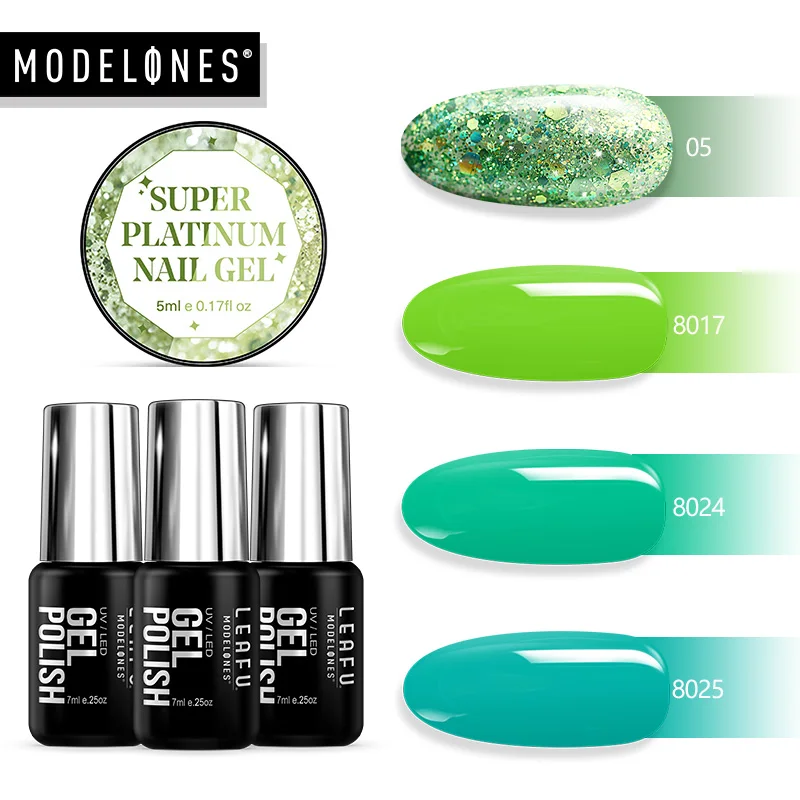 Modelones зеленый цвет блеск УФ набор гель лаков для ногтей замочить Блестящий Блеск