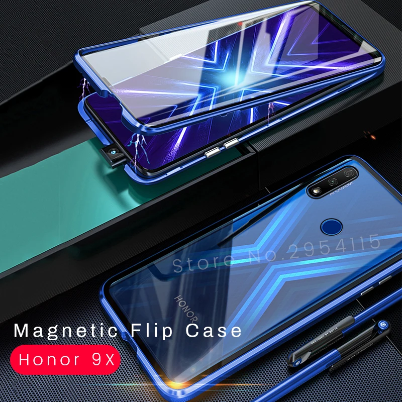 Магнитный чехол книжка для honor 9x двухсторонний металлический бампер из
