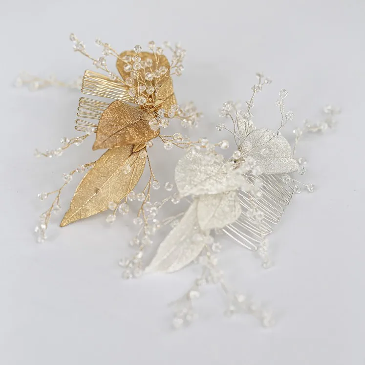 

Delicate Crystal Bridal Comb Hair Accessorie Gold Silver Leaf Women Headpiece Handmade Hair Jewelry For Wedding Prom