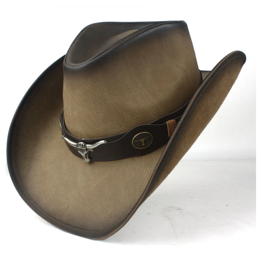 Black Leather Men Women Western Cowboy Hat Wide Brim Hat Outdoor Sombrero Hombre Cowgirl Hat - Color: Black