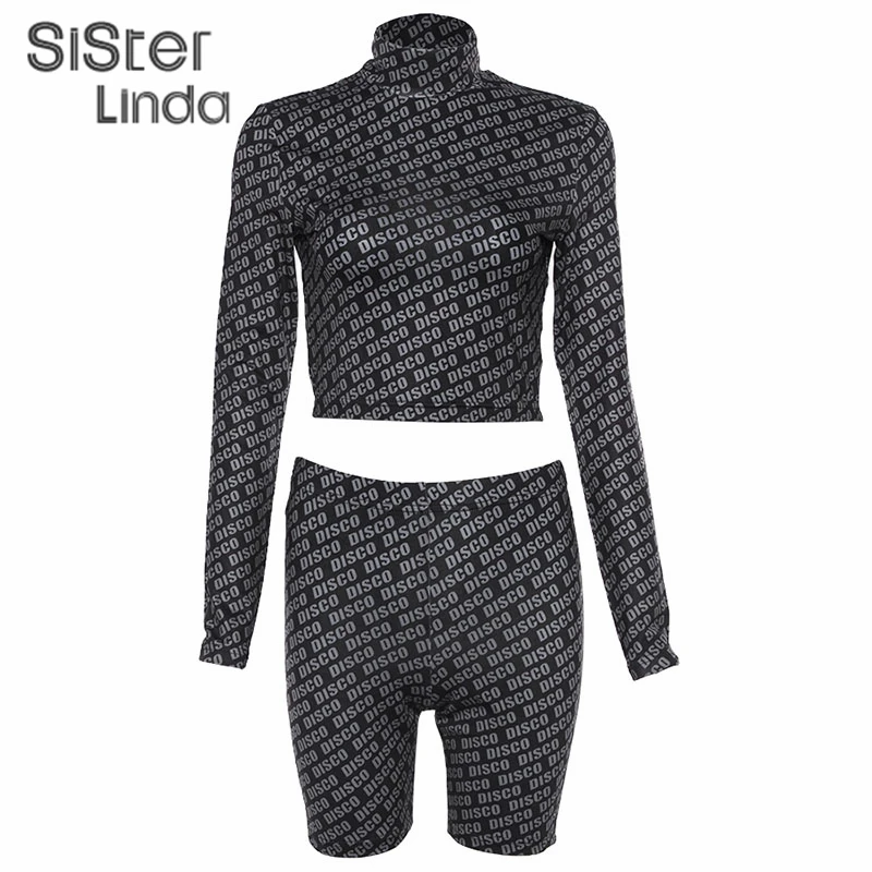 Sisterlinda, модный спортивный костюм с буквенным принтом для фитнеса, наборы для женщин, полный рукав, водолазка, укороченные топы, шорты, спортивная одежда, женская футболка