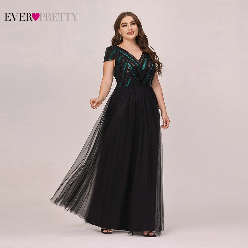 

Plus Size Prom Dresses 2020 Ever Pretty Elegant A Line Sequined V Neck Long Black Dresses Woman Party Night Robe Longue Femme