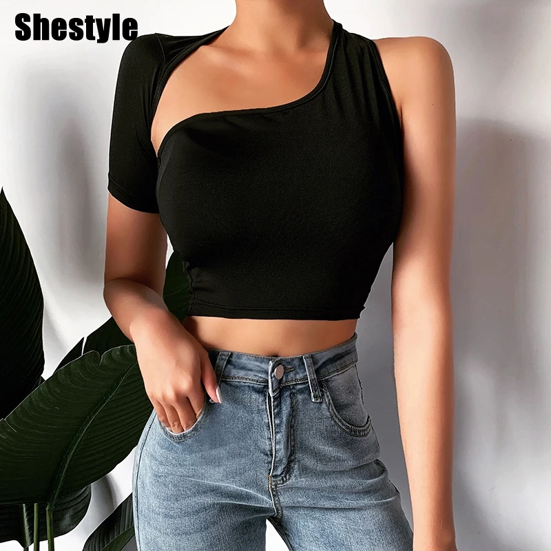 Женская футболка с одним плечом Shestyle черная короткая рукавом и открытой спиной