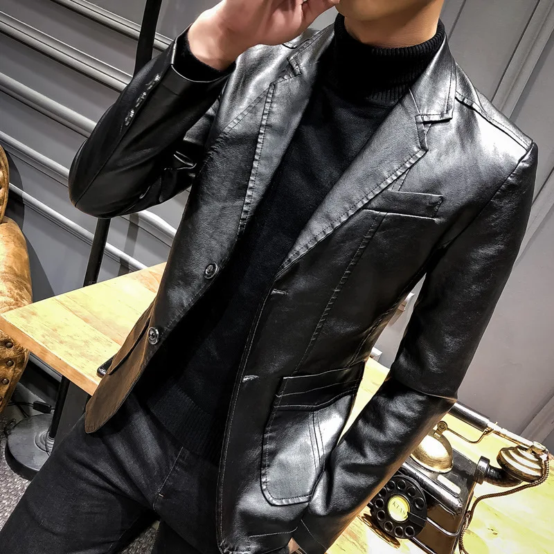 

MEN'S Leather Coat Suit 2020 Autumn New Style Casual Coat Korean-style Slim Fit Fold-down Collar Leather Suit Leather Jacket Men