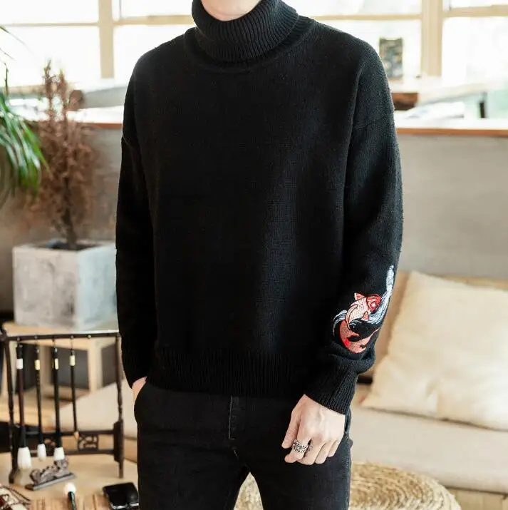 Black Zongke Carp Embroidery Turtleneck Men Sweater Turtle Neck Men Pullover Sweater Men Coat XXXL Autumn Winter Man Sweaters - Цвет: Black