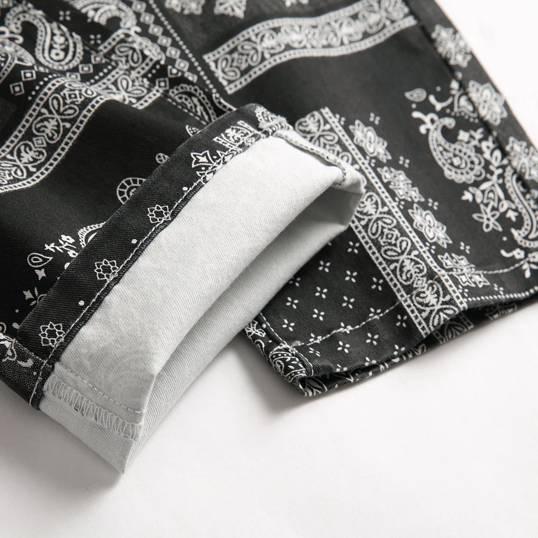 남성용 페이즐리 반다나 프린트 청바지, 3D 디지털 페인트 스트레치 데님 바지, 슬림 스트레이트 블랙 바지, 패션