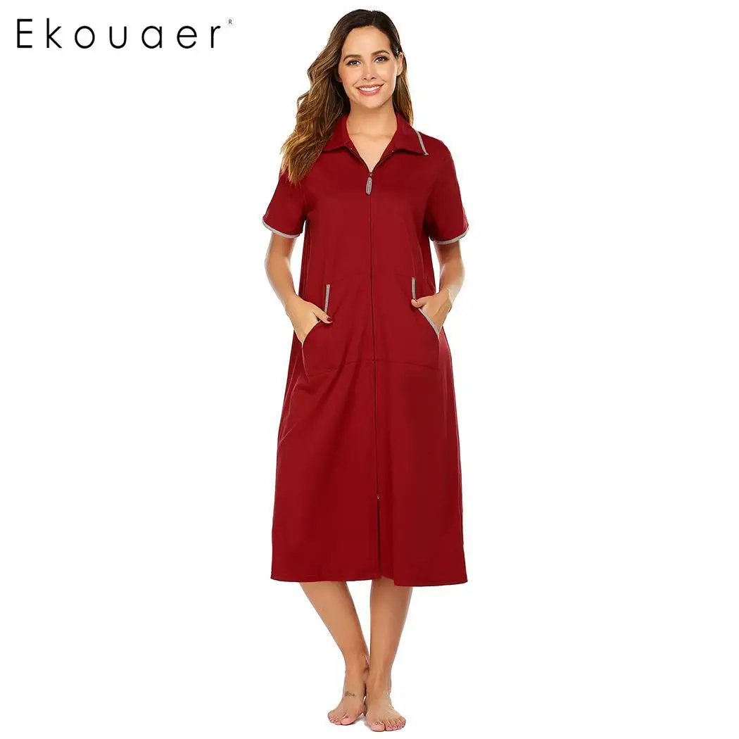 

Ekouaer Women Nightdress Home Sleepwear Clothes Turn-down Collar Short Sleeve Zipper Pocket Loose Log Night Gown