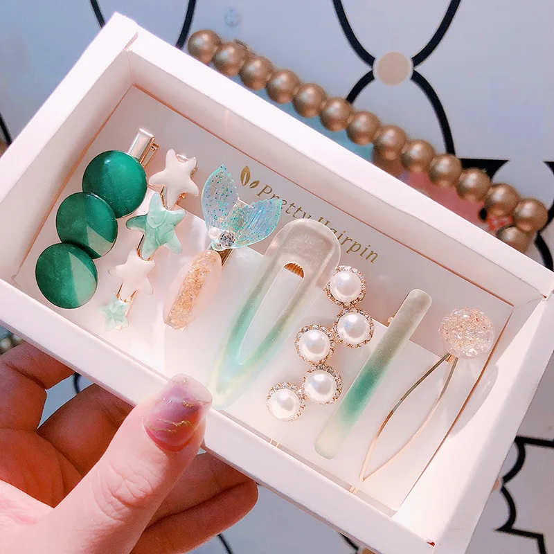 

7Pcs/Set Retro Pearl Marbled Duckbill Clip INS Women Girls Beautiful Side Clip Set Temperament Mermaid Hair Accessories