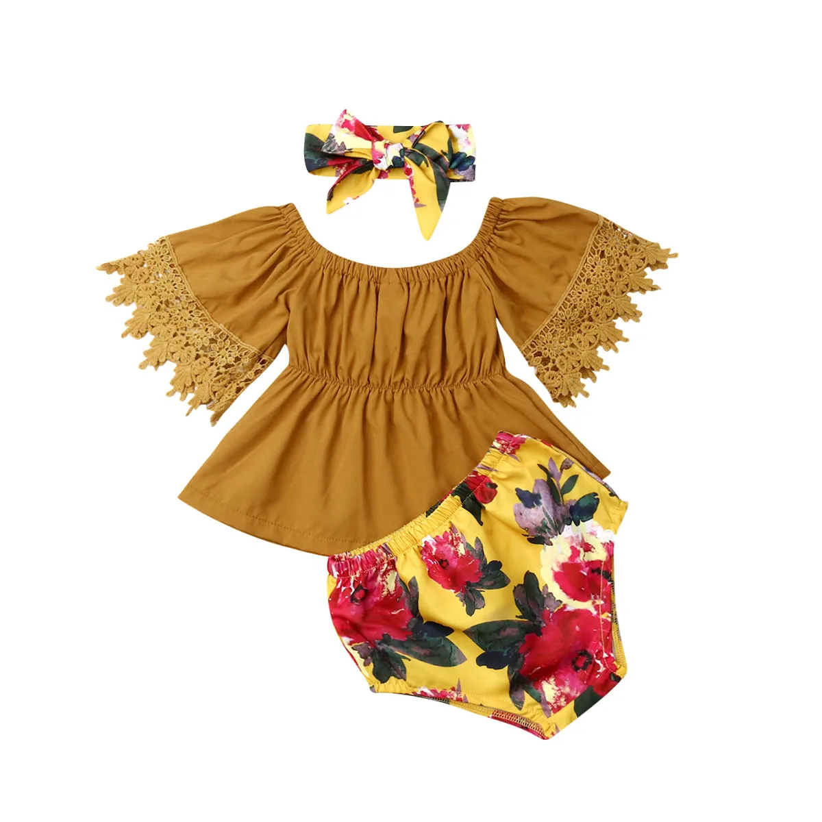 

3PCS Toddler Kids Baby Girls Clothes Lace Tops Skirt+Floral Pants Summer Outfits Off Shoulder Tops Skirt Shorts Pants Outfits