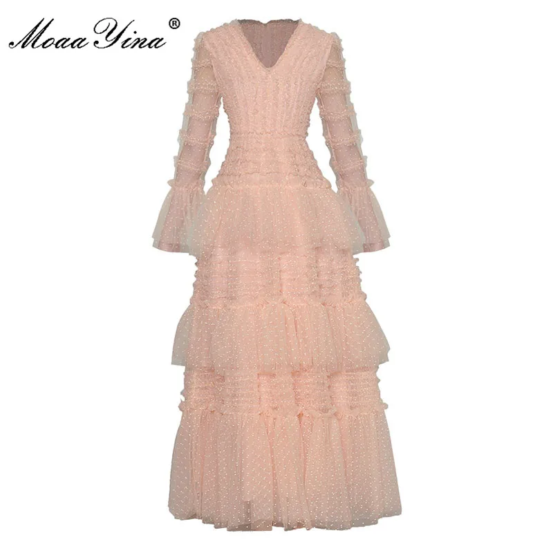 

MoaaYina Fashion Designer Autumn Pink Mesh Long Dress Women V-Neck Flare Sleeve Dot Cascading Ruffle Elegant Party Long Dress