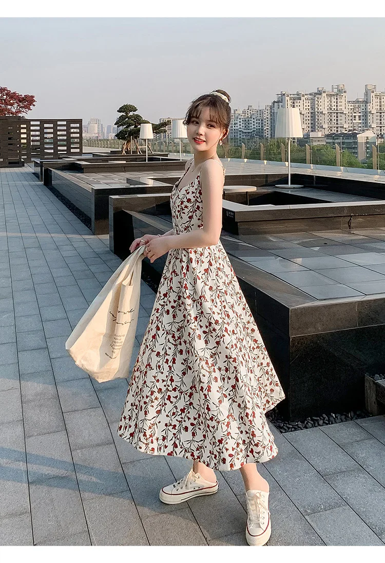 Womens floral Halter dress 2020 new summer fashion A line dress Korean fashion medium length dress floral fresh dress