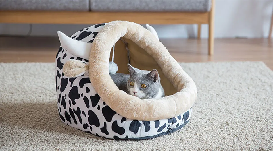 Cute Cat Bed Semi-closed Cats House Soft Warm Small Medium Dog Bed Pet House Built-in Fun Decoration for Cat Teddy Chihuahua Mat-33