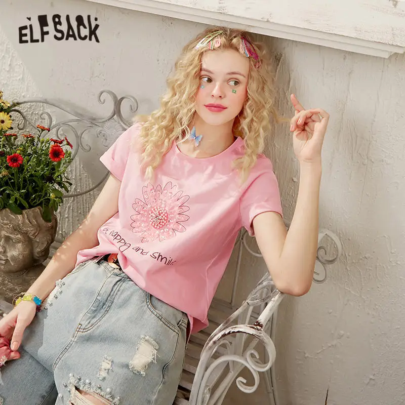 Женские повседневные футболки с пайетками ELFSACK розовые в стиле Харадзюку принтом