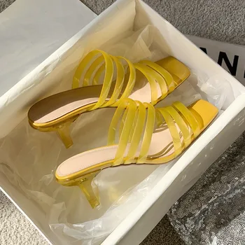 

MLJUESE 2020 women slippers PVC Soft Rome style summer open toe green color high heels sandals party dress wedding size 40