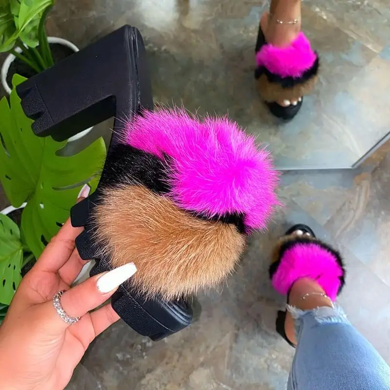 2020 Fashion Women Sandals Chunky Heel Platform Fur Flip Flop Slip-On Plain Summer Transparent Heels Slippers Sandalias Mujer | Обувь