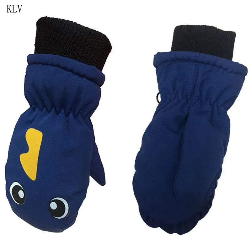 Теплые зимние перчатки с толстой подкладкой для малышей и детей постарше с принтом динозавра из мультфильма, водонепроницаемые ветрозащитные эластичные рукавицы с манжетами, От 3 до 5 лет, LX9E - Цвет: Темно-синий