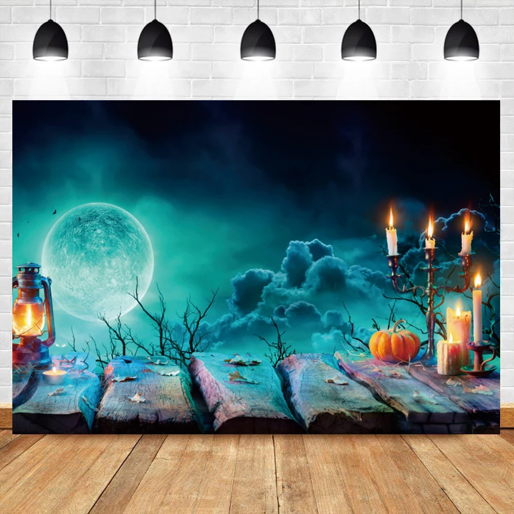 Halloween Autumn Full Moon Night Candle Pumpkin Wood Floor Scene Child Kids Portrait Shoot Photography Background Photo Backdrop |