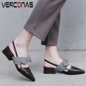 

VERCONAS Women Butterfly Knot Thick Heel Buckle Sweet Working Shoes Thick Heels Sandals Pointed Toe Genuine Leather Shoes Woman