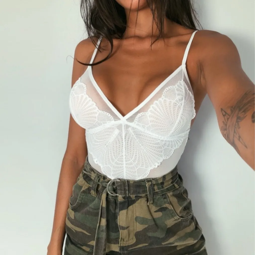 

MIARHB Bodysuits For Women One Piece Mesh Lace V-Neck Jumpsuit Bodysuit Monos para mujer Body Pour Femme Rompers voor