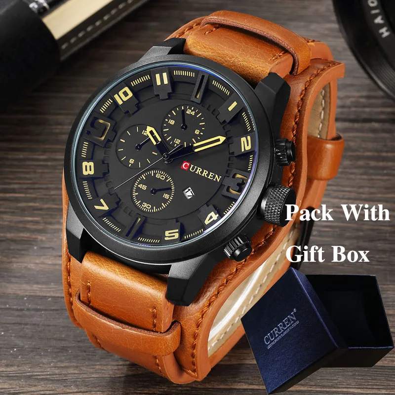 brownblackyellowbox CURREN Топ бренд класса люкс мужские s часы мужские часы Дата Спорт военный кожаный ремешок для часов кварцевые мужские деловые часы подарок 8225 - Цвет: brownblackyellowbox
