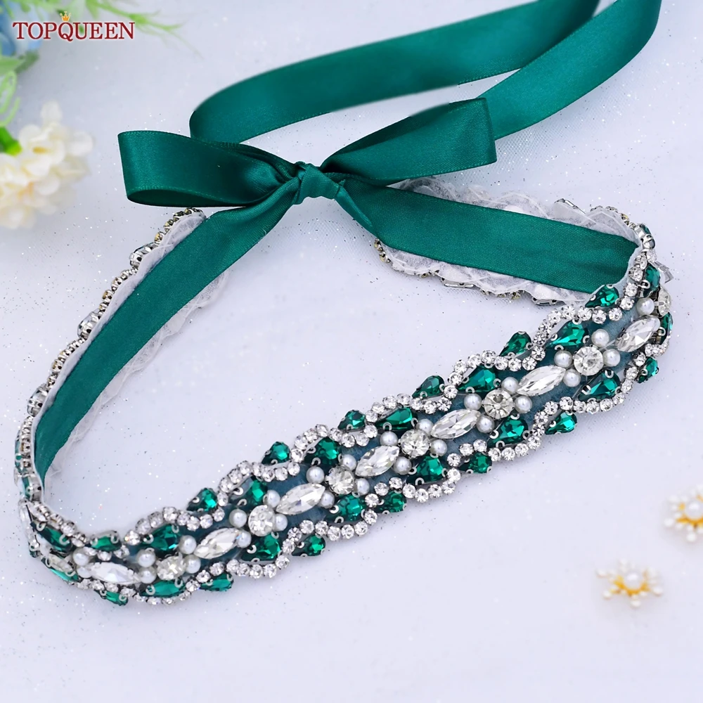 TOPQUEEN S466 Bridal Dress Belts Emerald Green Rhinstone Sash Women Wedding Accessories Bridesmaid Gown Decoration Ribbon