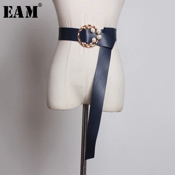 

[EAM] Multicolor Dark Blue Pearl Buckle Long Wide Pu Leather Belt Personality Women New Fashion All-match Spring 2020 1U227