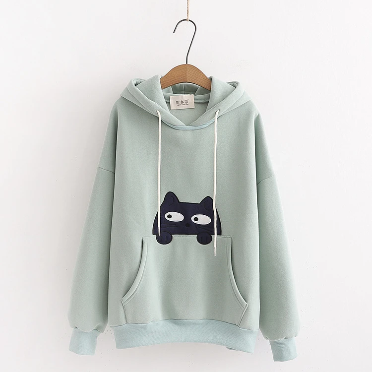 MERRY PRETTY женские Harajuku толстовки с капюшоном мультфильм кошка Вышивка толстовки зима плюс бархат пуловер Свободный спортивный костюм